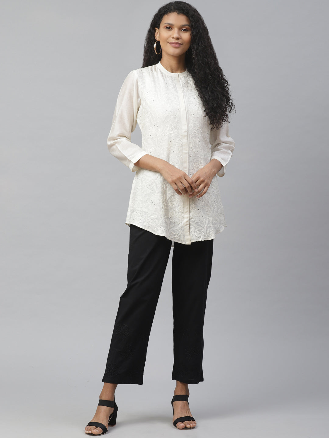 Off White Silk Embroidered Long Shirt