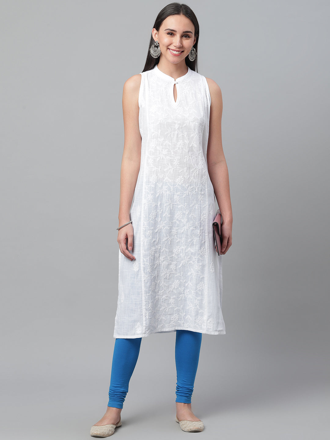 White Cotton Chikankari Kurta with Mandarin Collar