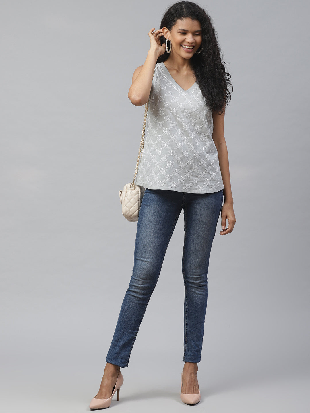 Grey V-Neck Embroidered Sleeveless Top