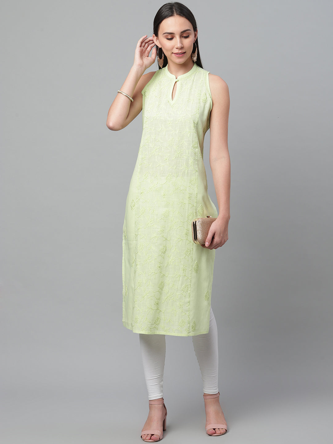Green Cotton Embroidered Kurta with Mandarin Collar