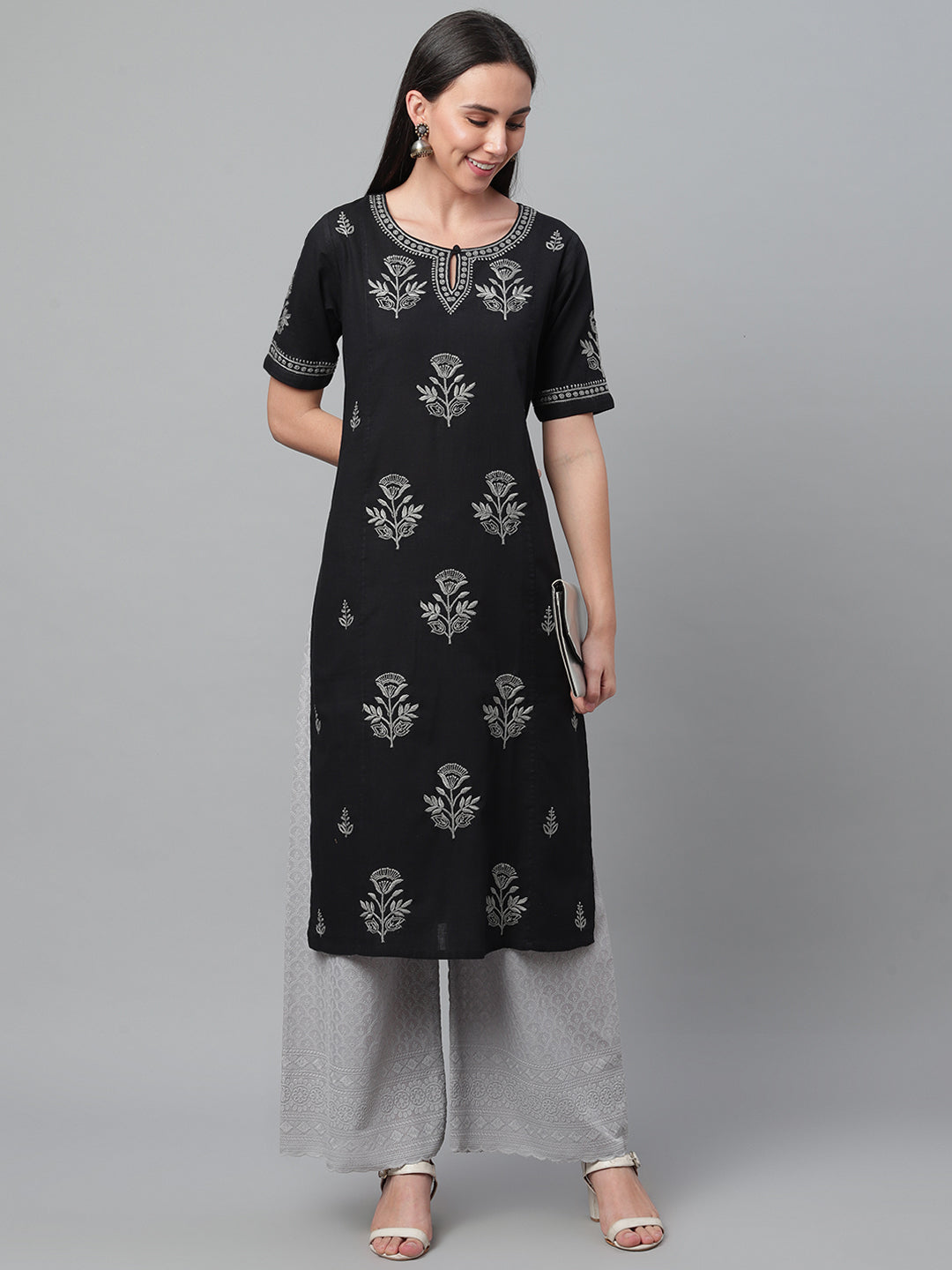 Black & Grey Chikankari Cotton Straight Kurta