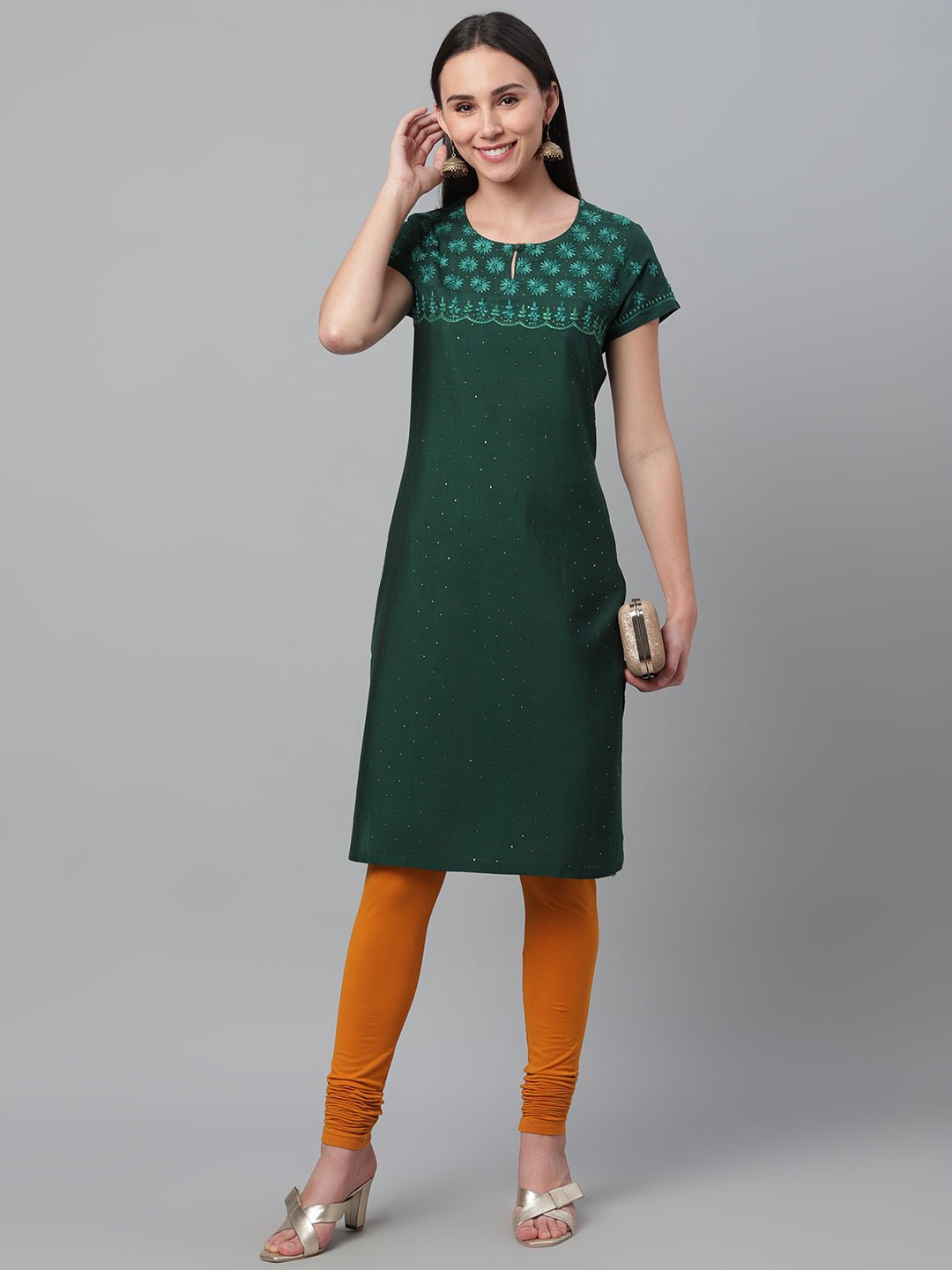 Bottle Green Silk Kurta with Embroidery and Mukaish Work