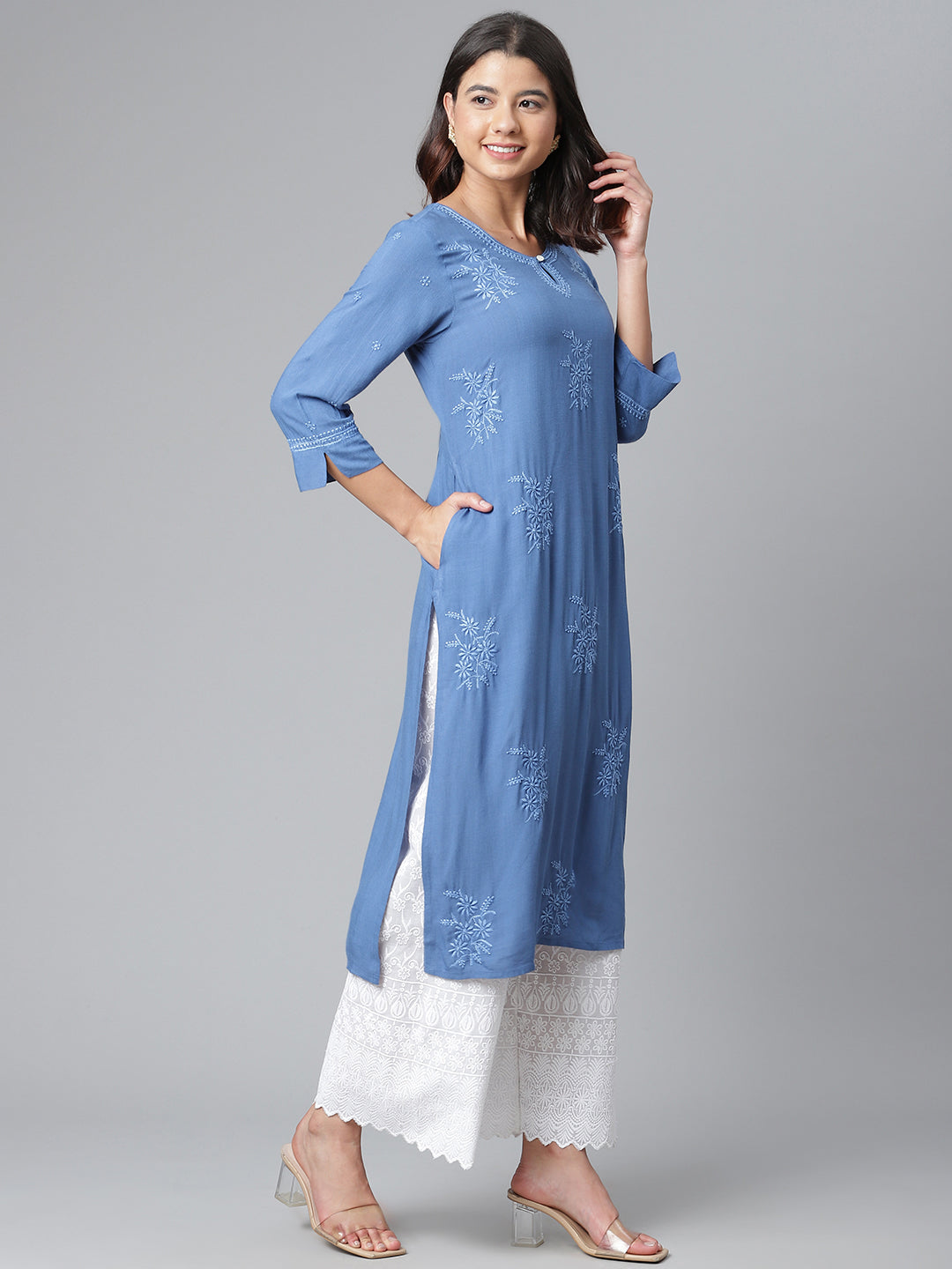 Rayon Blue Straight-Fit Chikankari Kurta