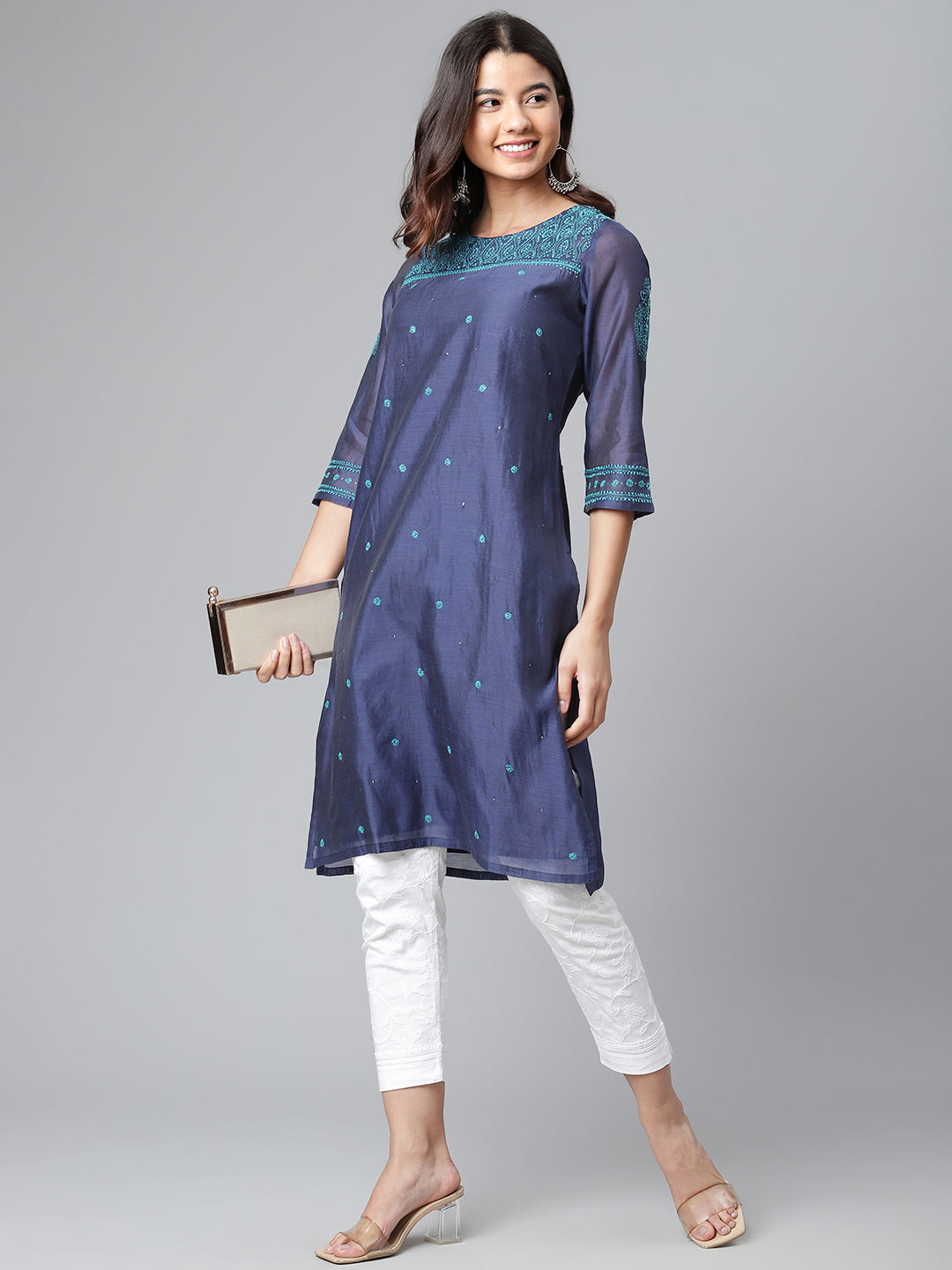 Navy Blue Chanderi Silk Kurta