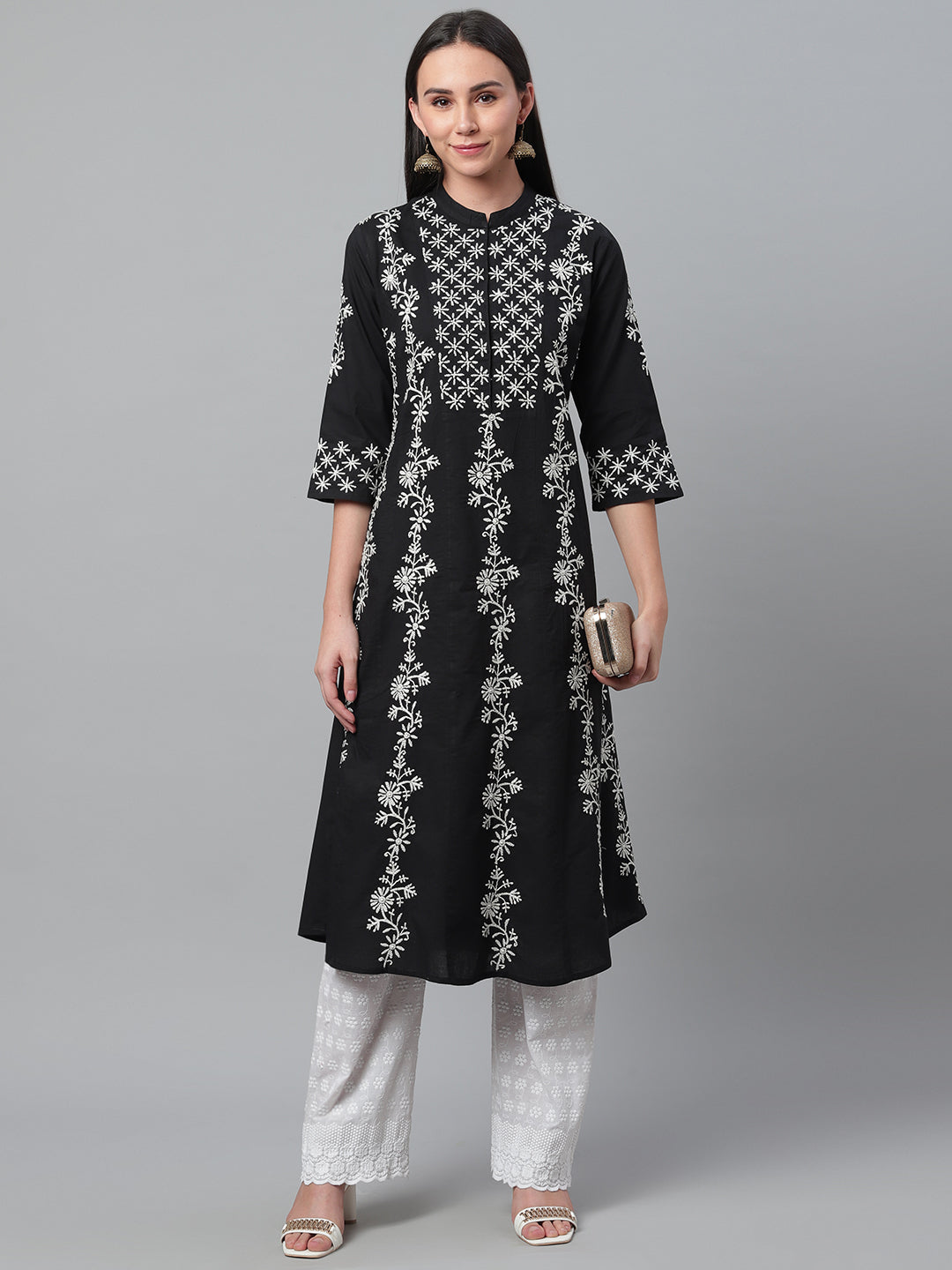 Black & White Chikankari Embroidered A-Line Kurta