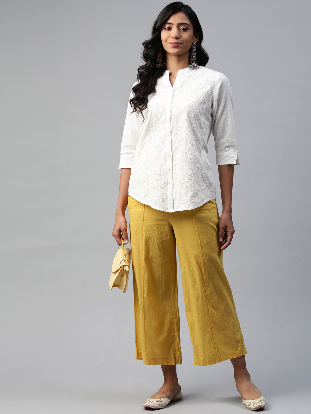 Off White Cotton Slub All-over Embroidered Shirt