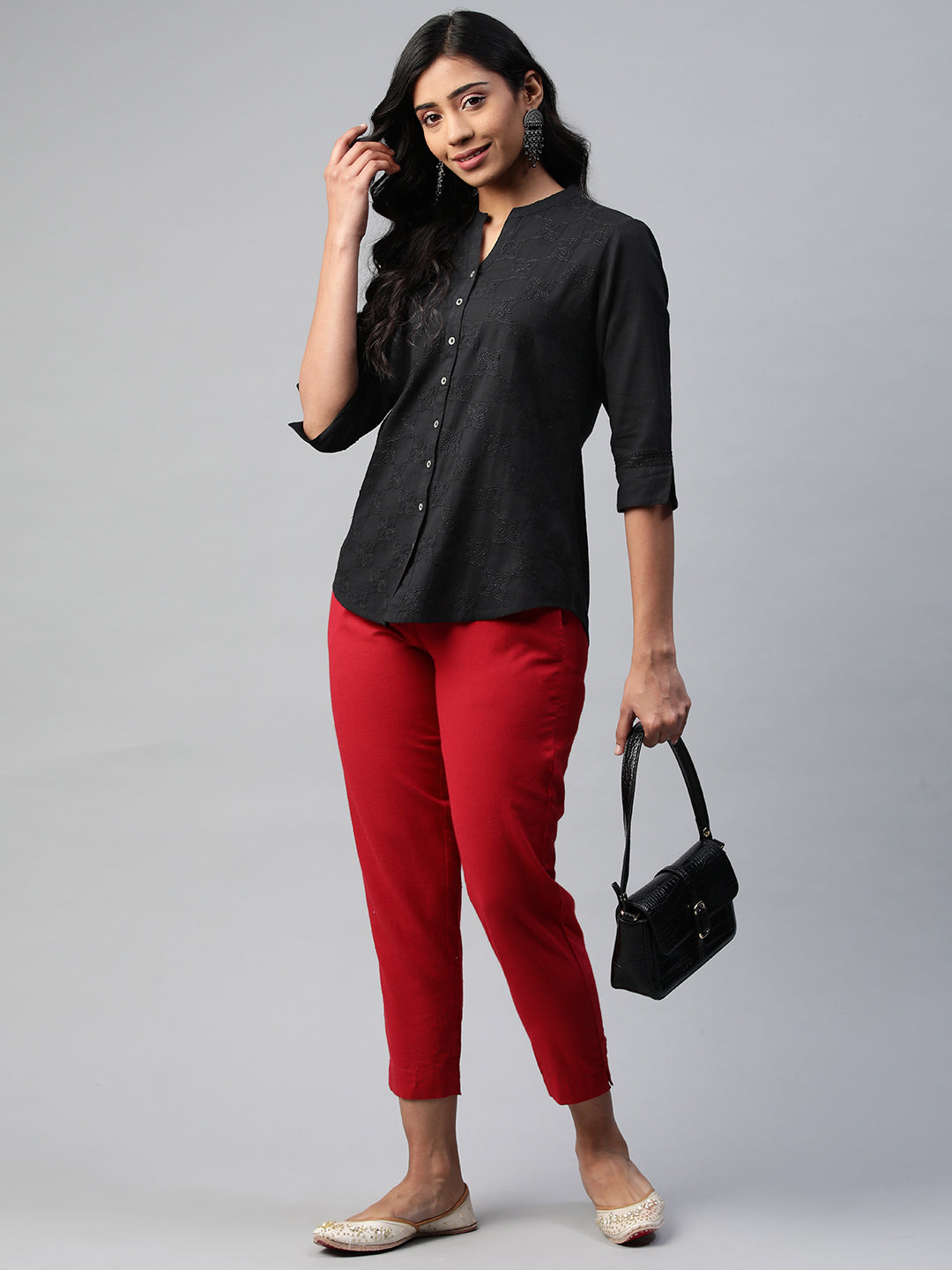 Black Cotton Slub All-over Embroidered Shirt