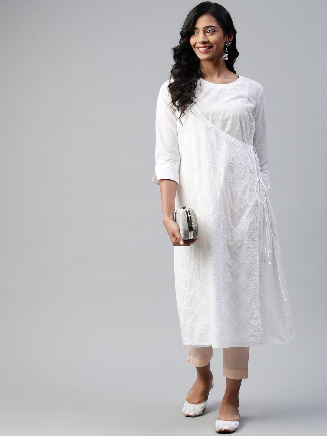 White Embroidered Angarkha with Side Tie-Ups