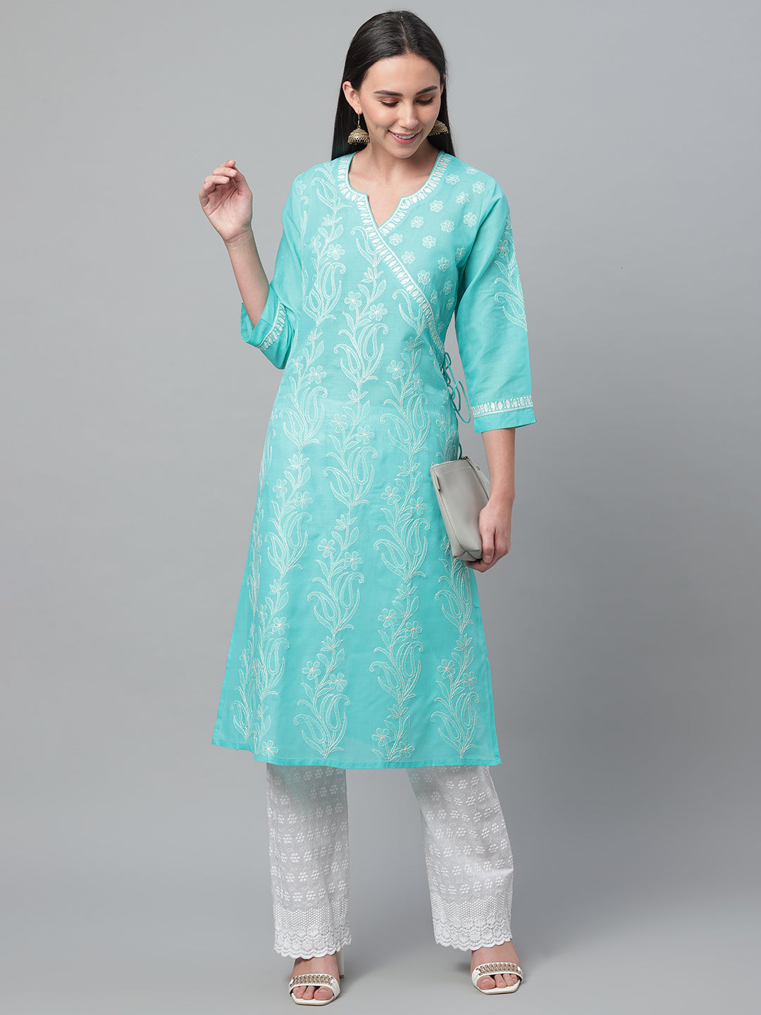 Turquoise Chikankari Embroidered Angarkha