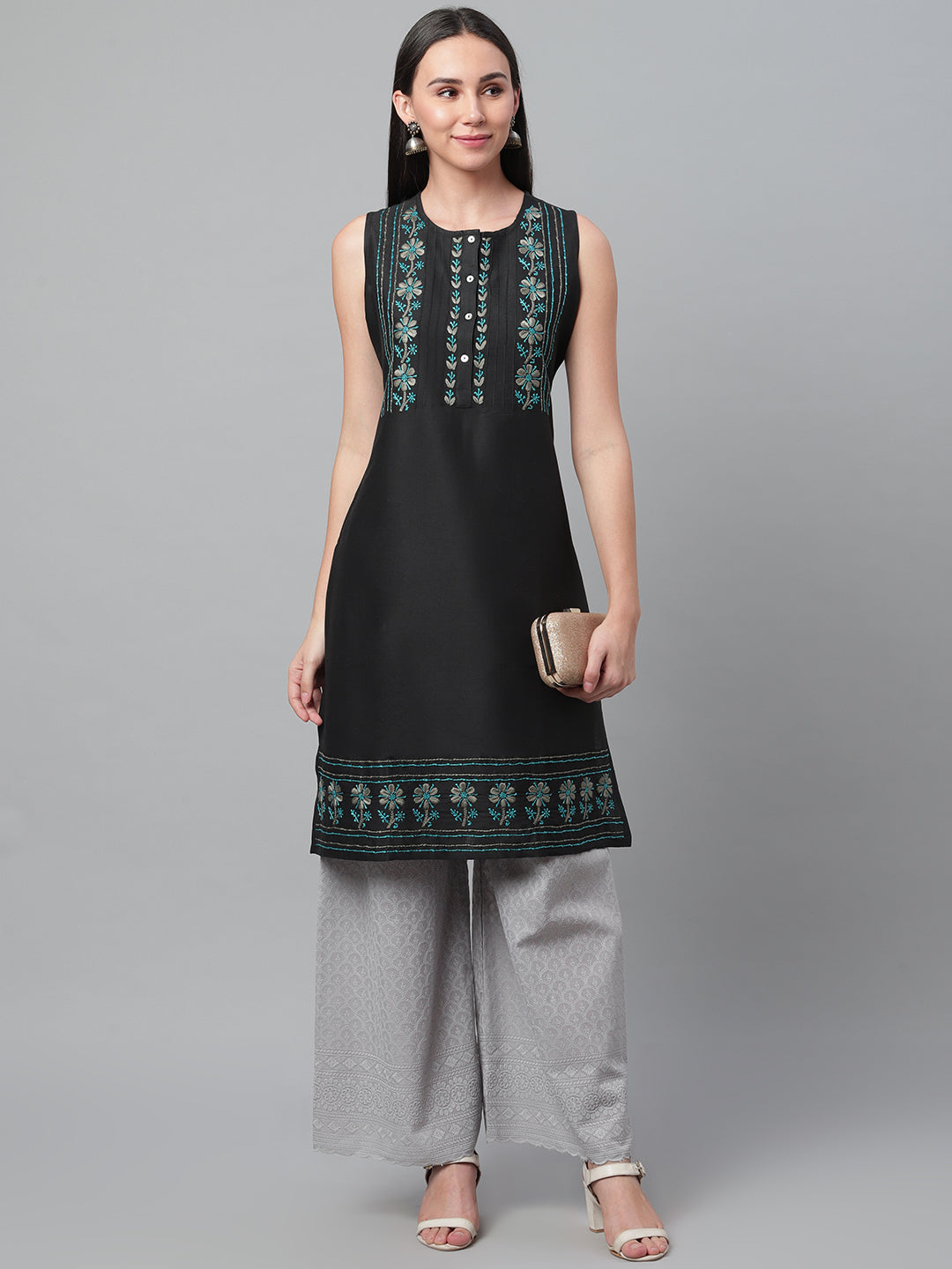 Black & Charcoal Grey Silk Chikankari Straight Kurta
