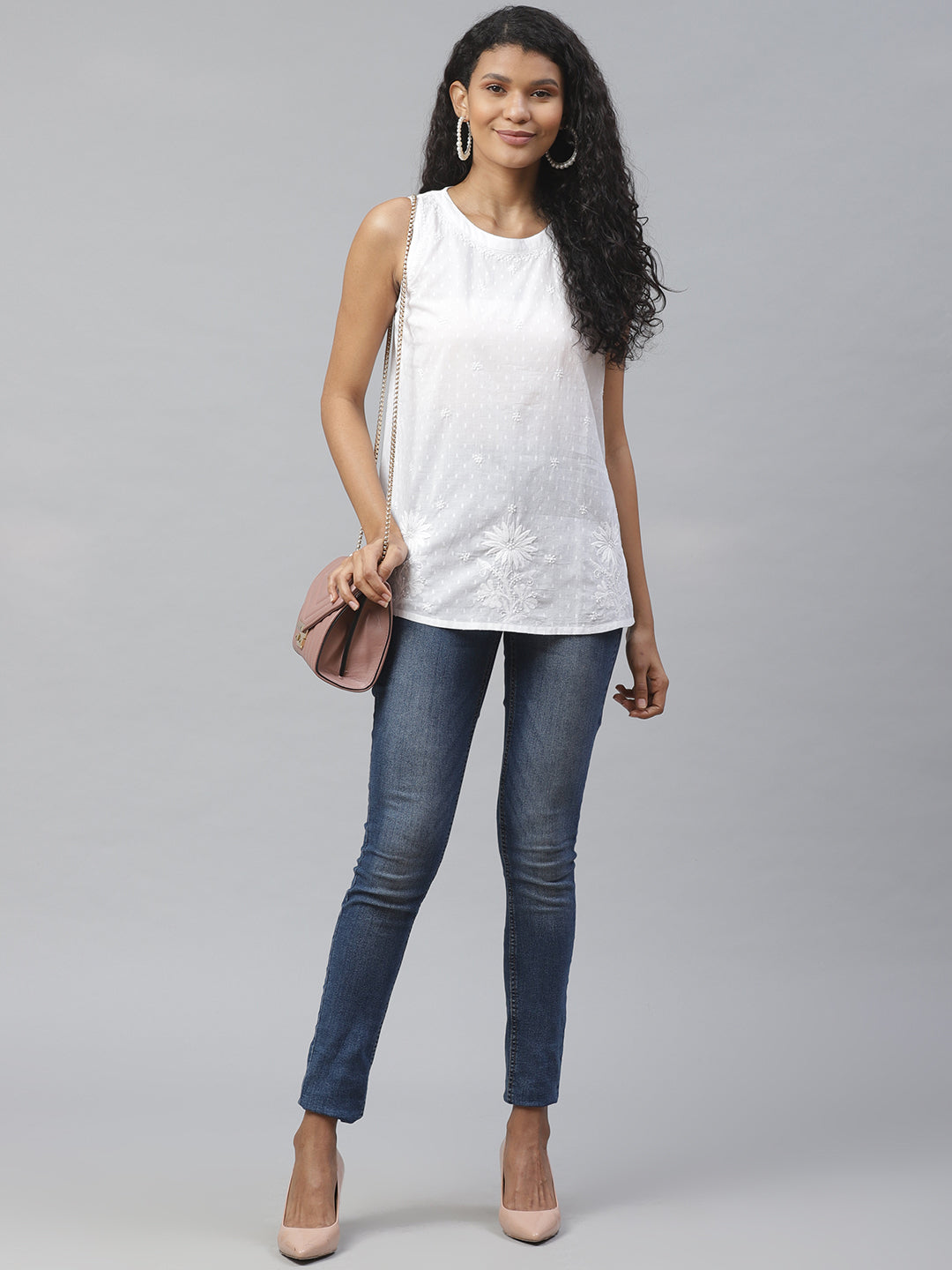 White Dobby Embroidered Sleeveless Top