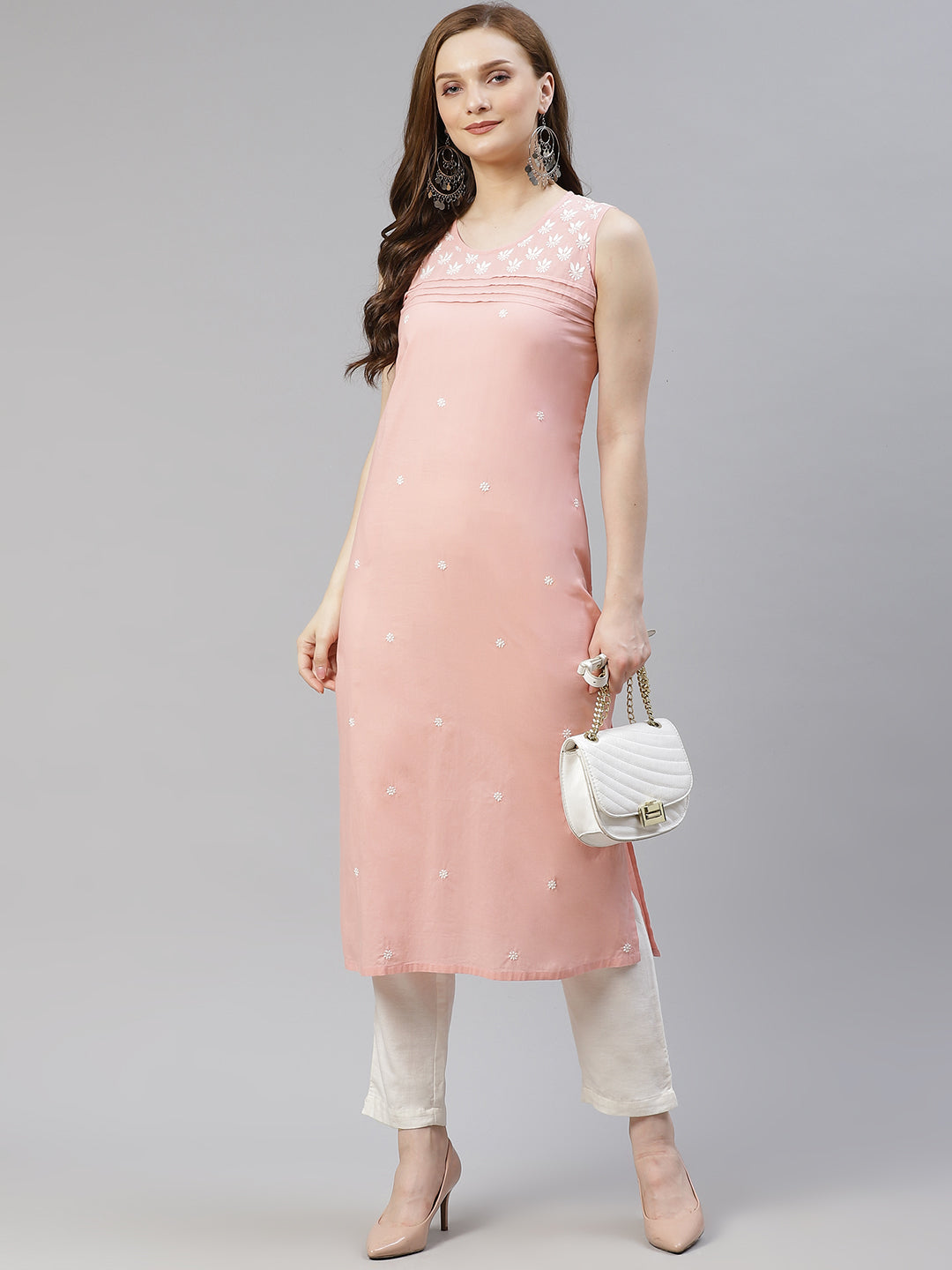 Dusty Pink Chikankari Kurta with Pleated Yoke
