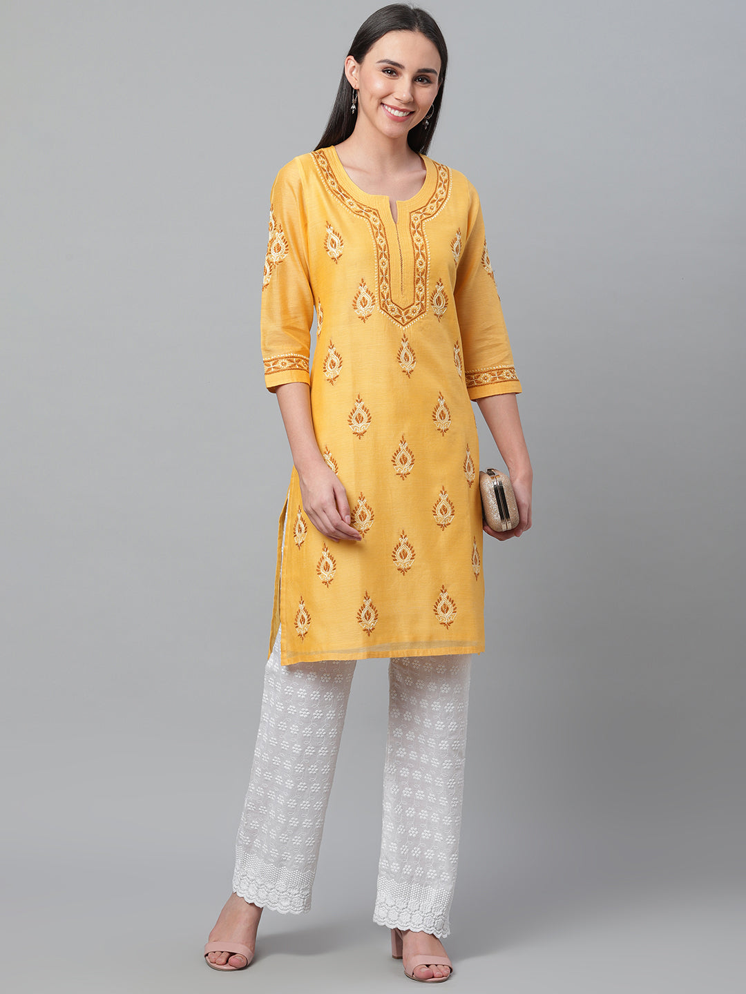 Yellow Silk Chikankari Kurta