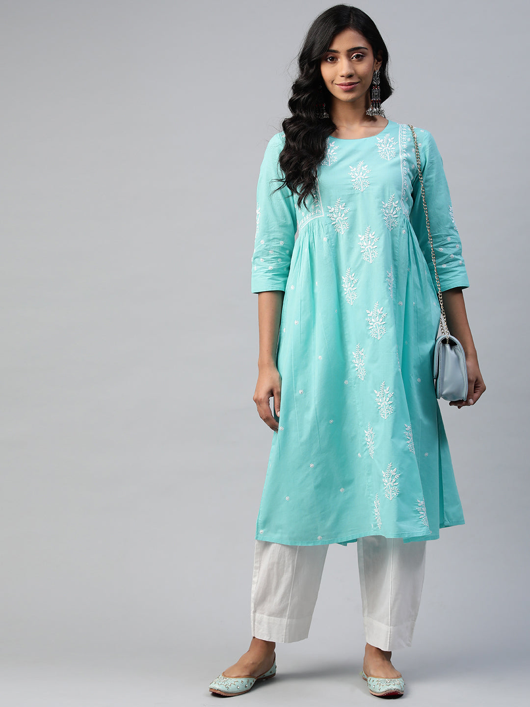 Sky Blue Long Kurta with Gathers