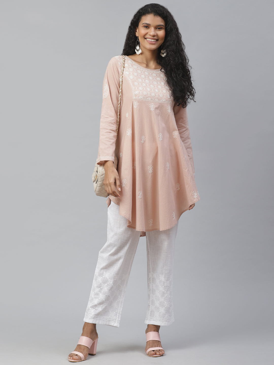 Beige & White Chikankari Asymmetric Kurta