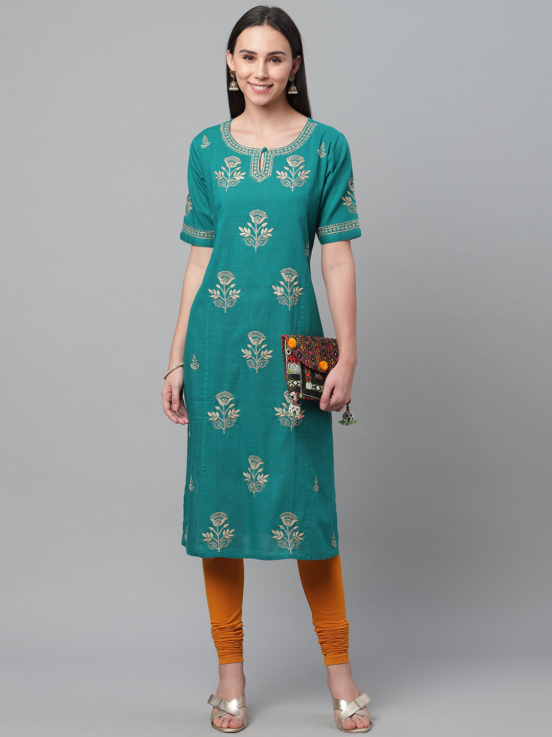 Teal & Beige Cotton Chikankari Kurta