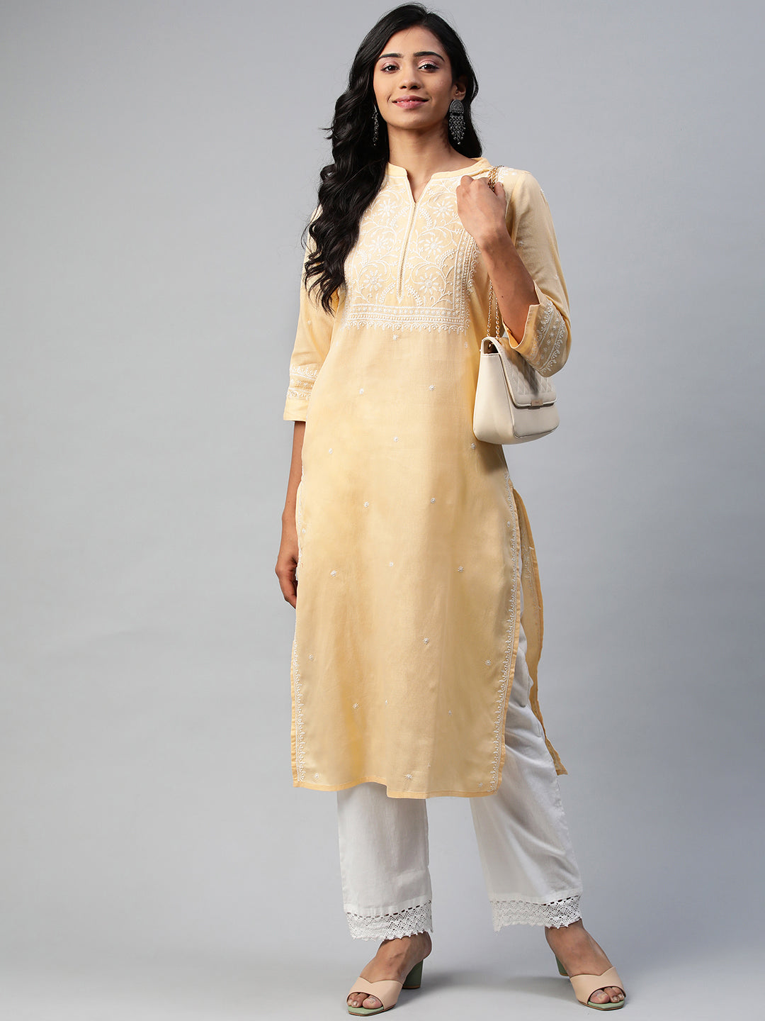 Yellow Self-Striped Kurta with Embroidered Yoke