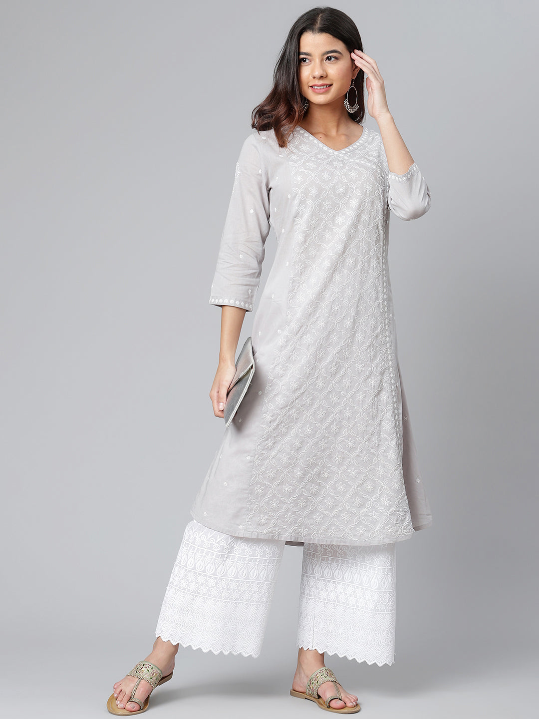 Light Grey Chikankari Angarkha