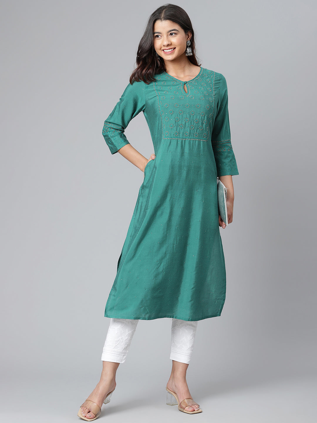 Poly Silk Teal Chikankari Kurta