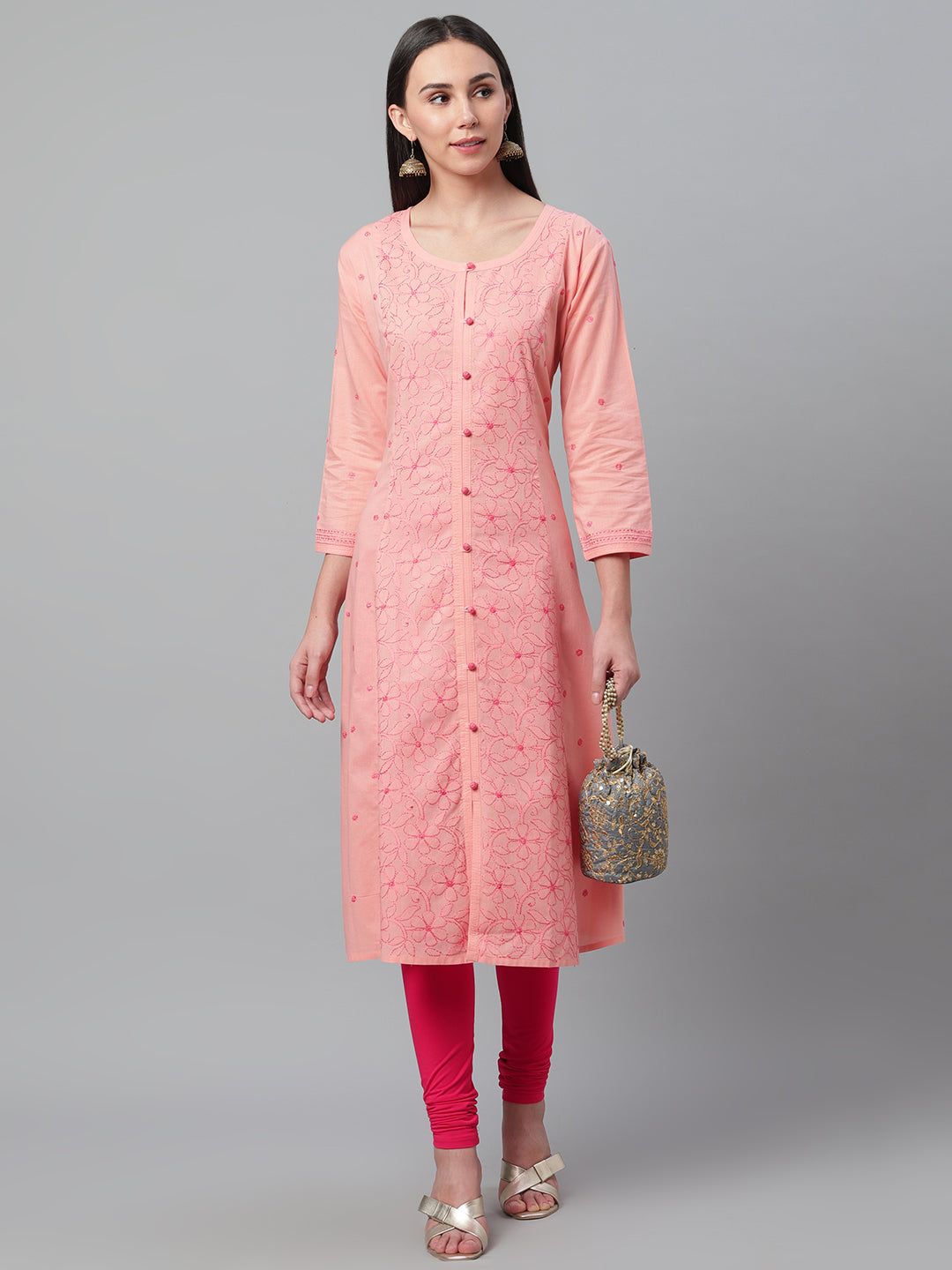 Peach & Pink Chikankari Floral Embroidered Kurta