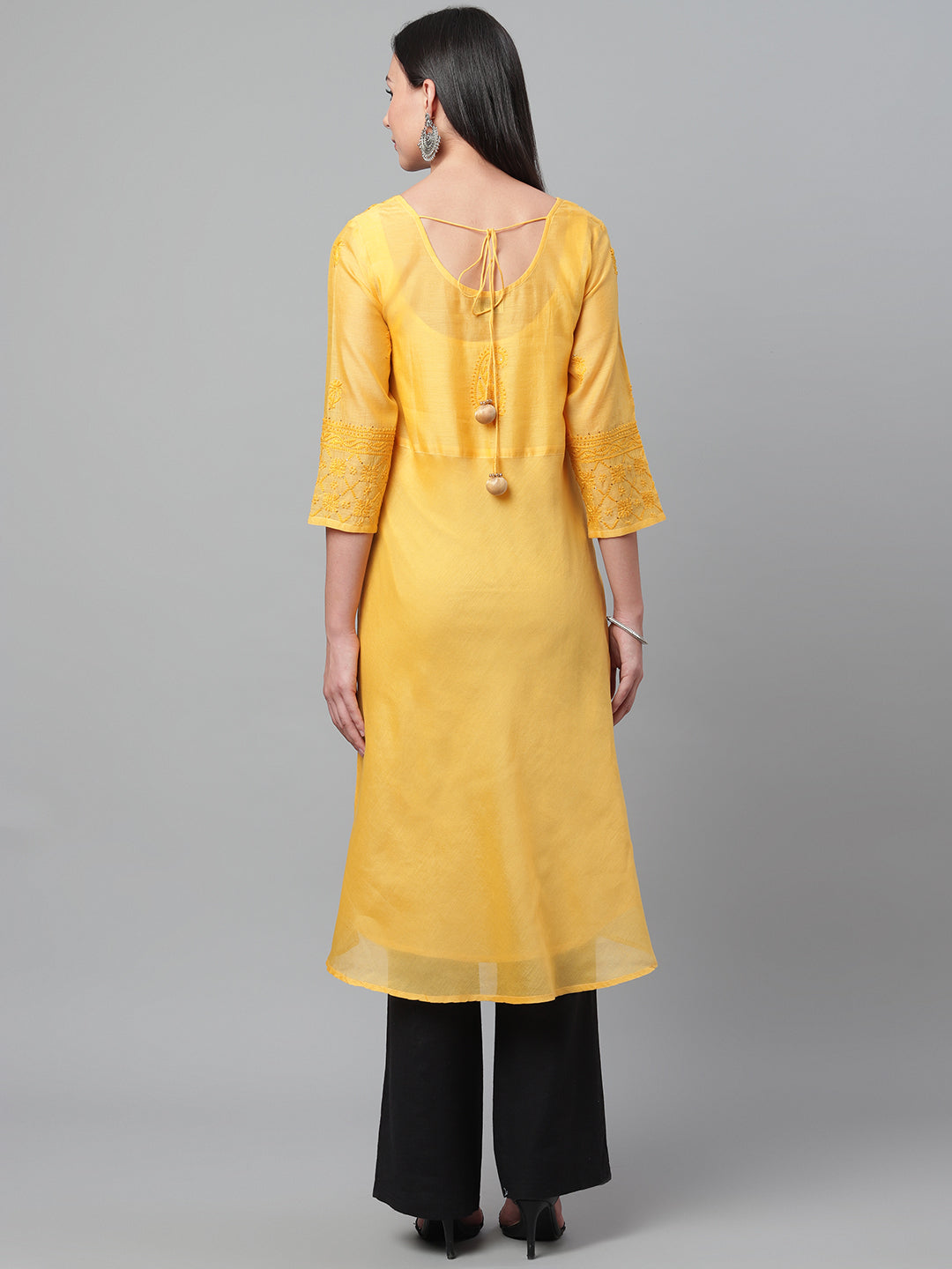 Yellow Chikankari Silk A-Line Kurta