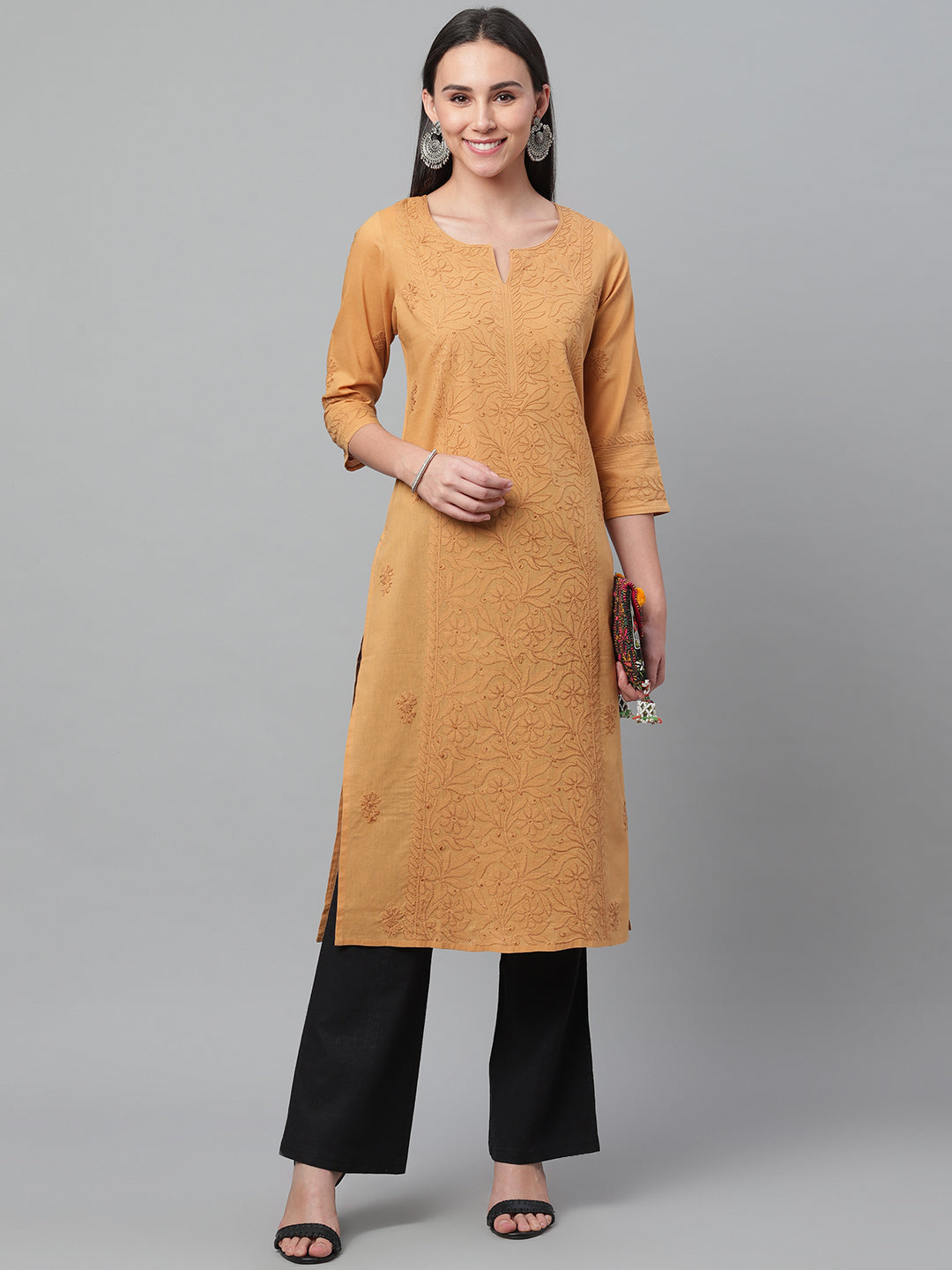 Mustard Chikankari Straight Kurta