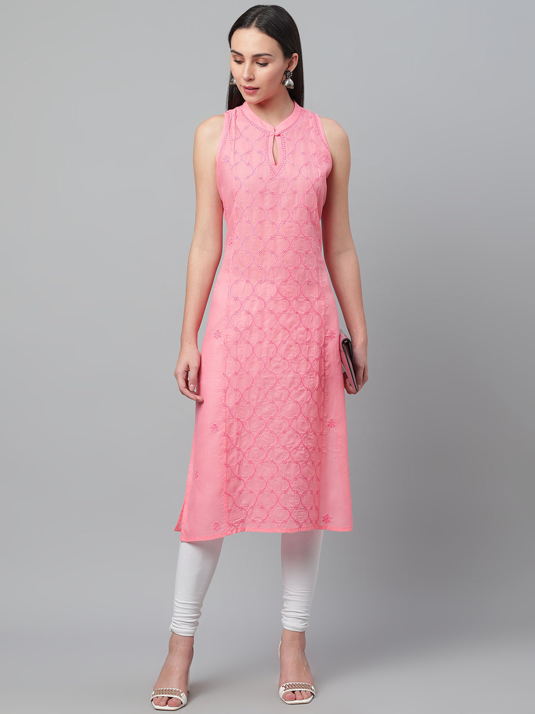 Pink Sleeveless Chikankari Collared Kurta