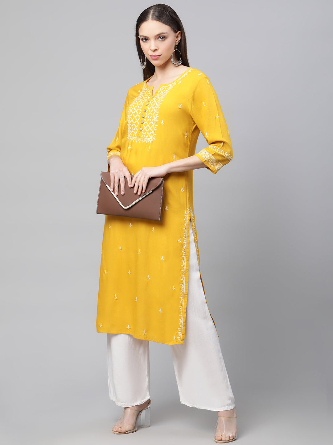 Mustard and cream embroidered kurta with