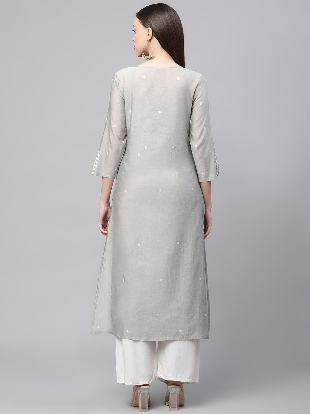243 Grey Chanderi Silk Chikankari Kurta
