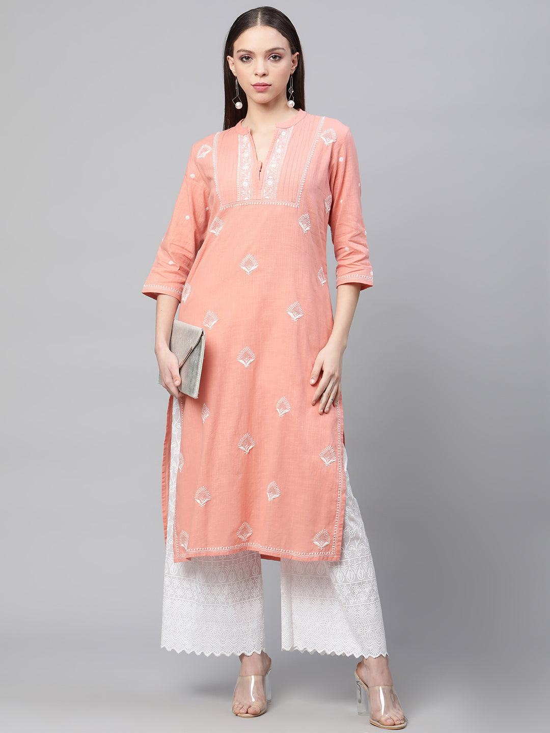 Peach Chikankari Straight Kurta