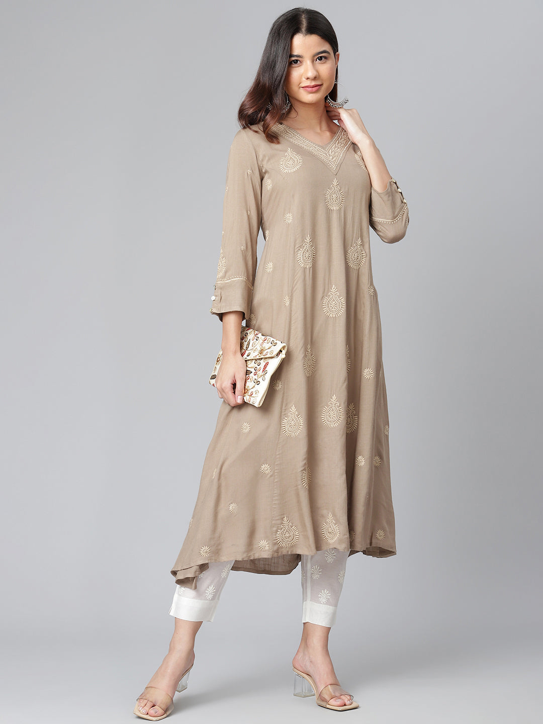 Rayon Chikankari Beige Flared Kurta