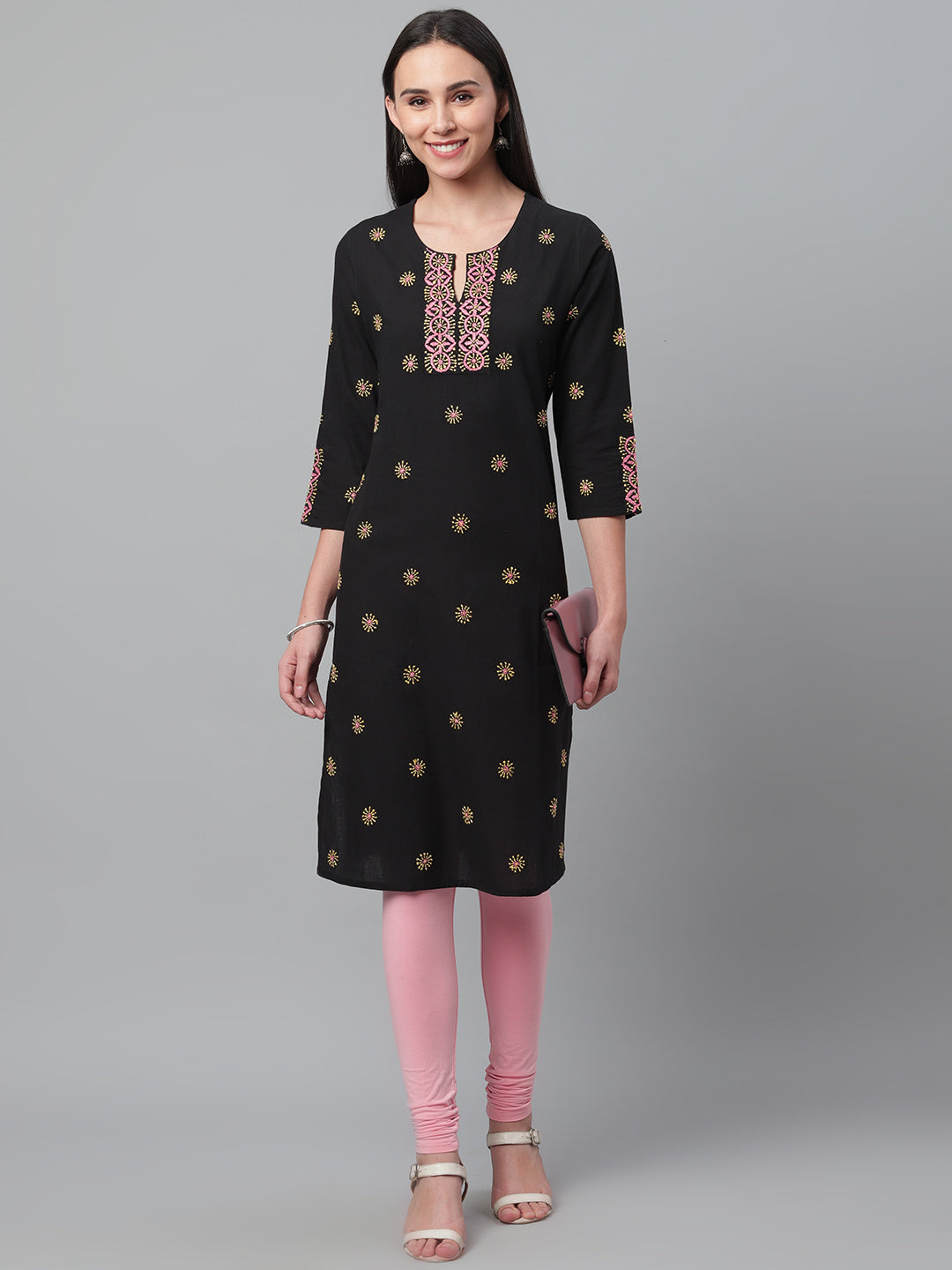 Black Mangalgiri Kurta with two-colour Embroidery