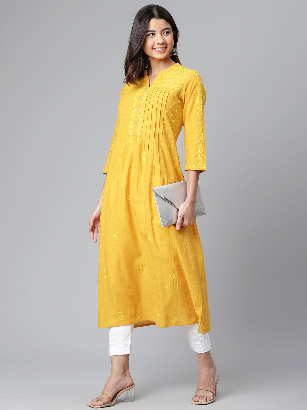 Mustard Mangalgiri Embroidered Kurta