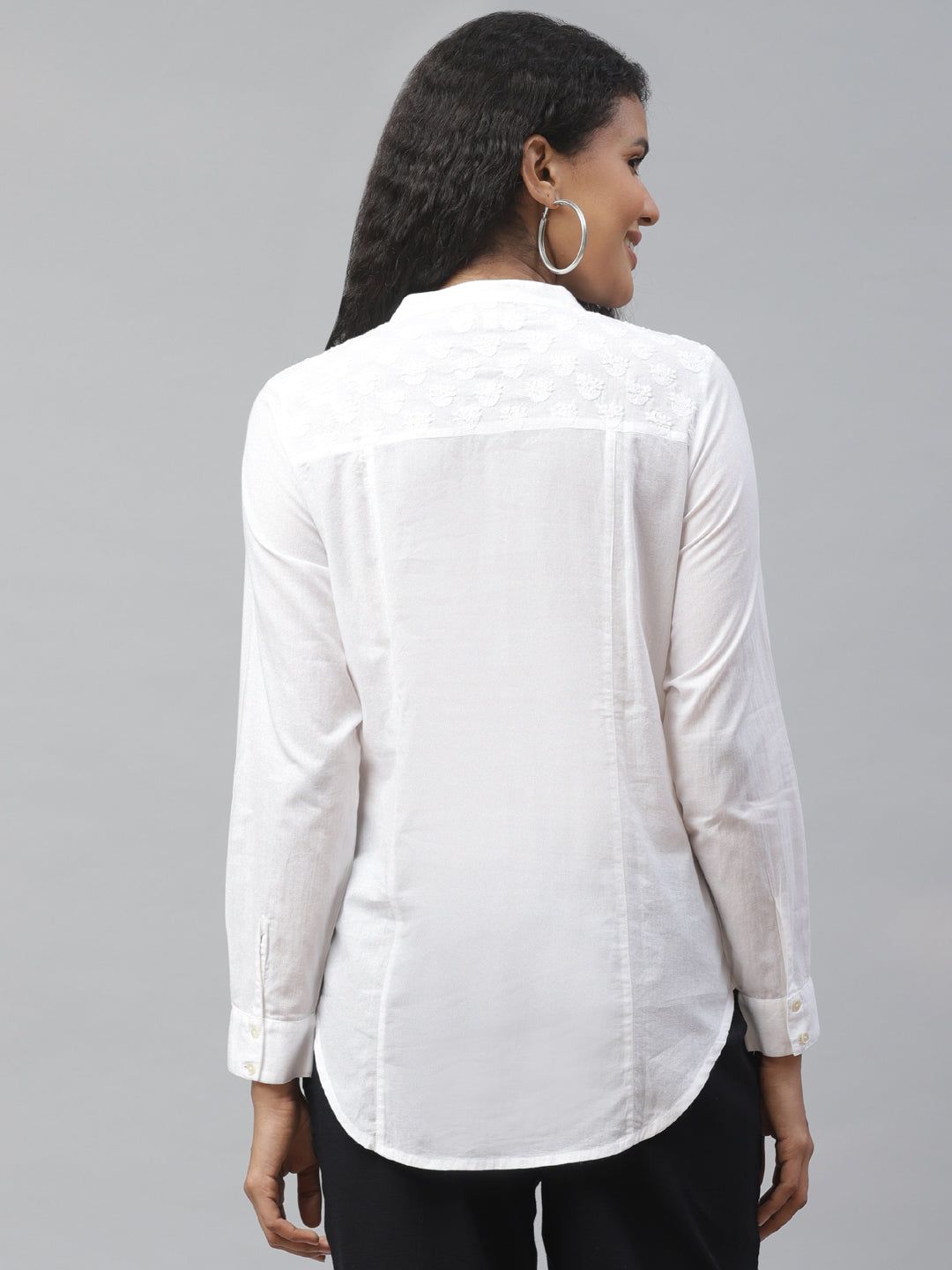 White Chikankari Embroidered Detail Casual Shirt