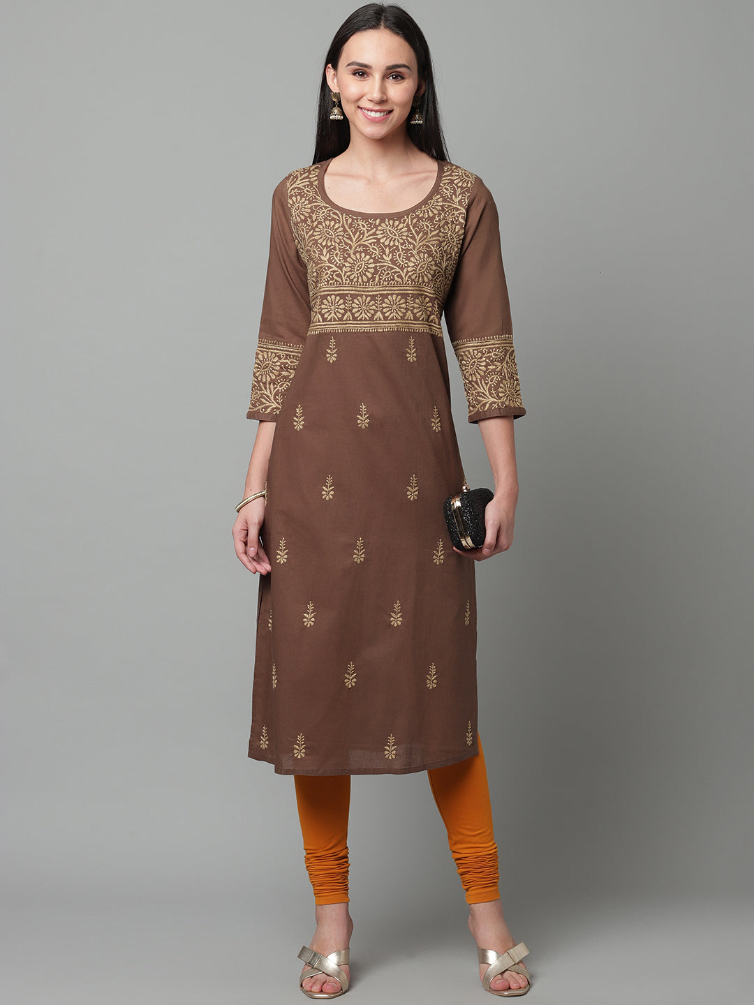 Brown Pot Neck Chikankari Cotton Kurta