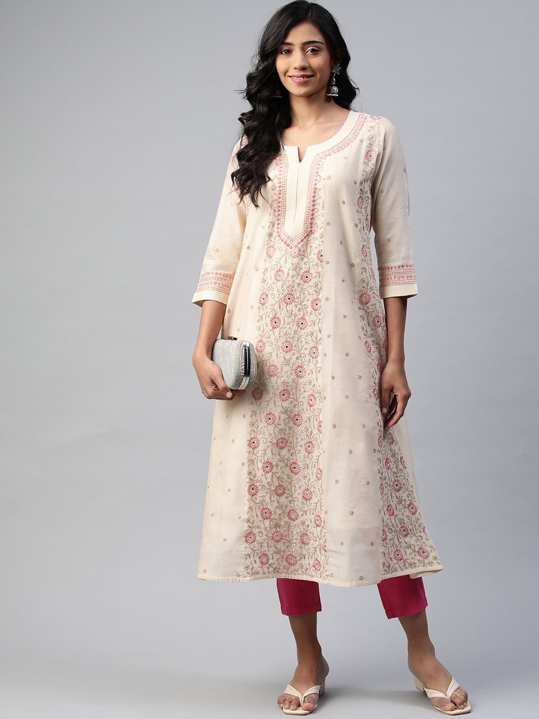 Beige and Pink Chikankari Chanderi Festive Kurta