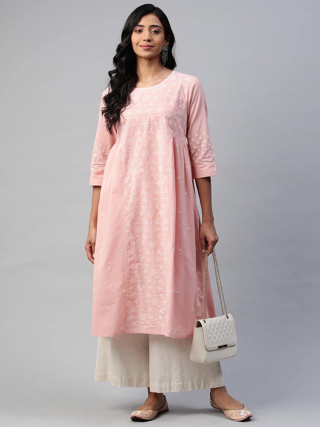 Peach Long Kurta with Tepchi Hand-Embroidery