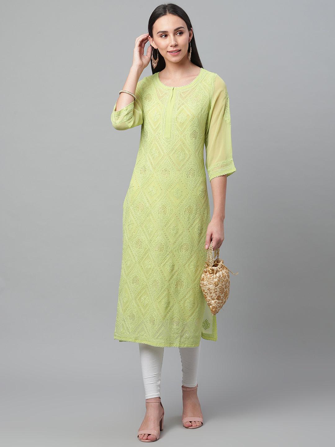 Green Georgette Chikankari Kurta
