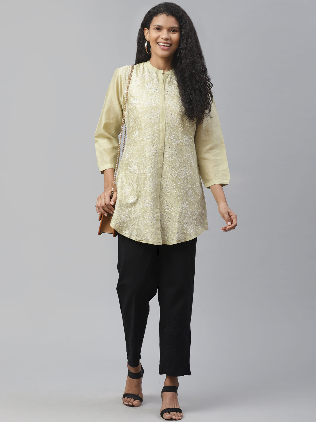 Olive Silk Chikankari Long Shirt