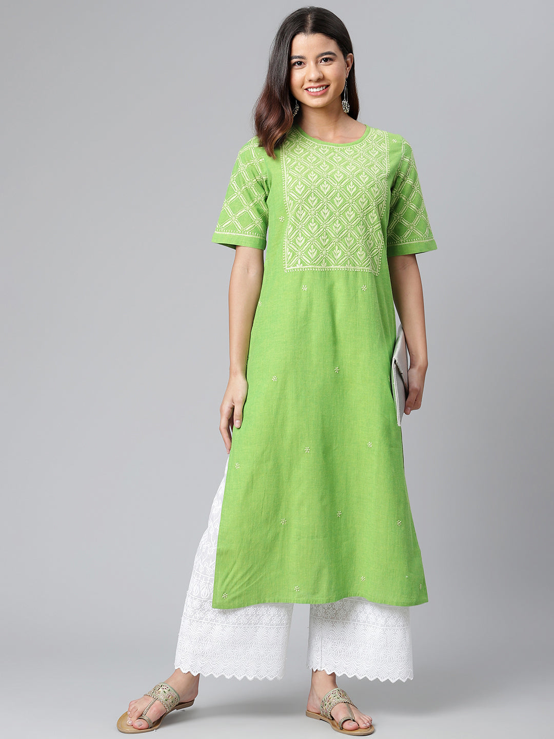 Green Mangalgiri Chikankari Kurta with Elbow Sleeves