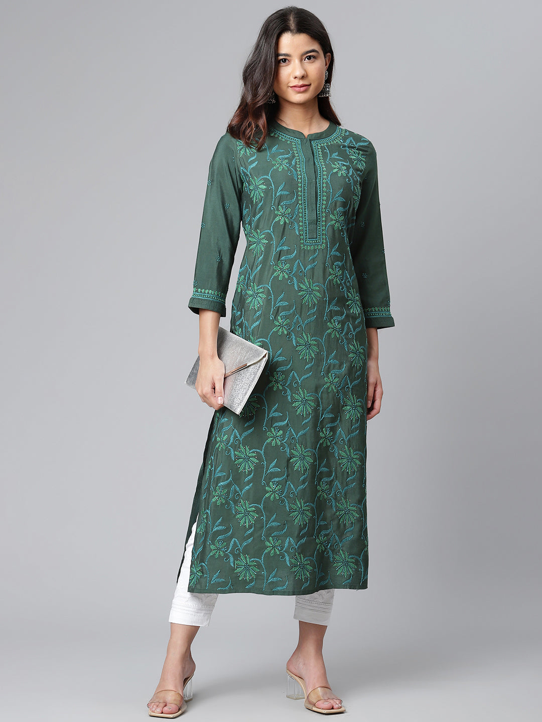 Bottle Green Embroidered Poly Silk Kurta