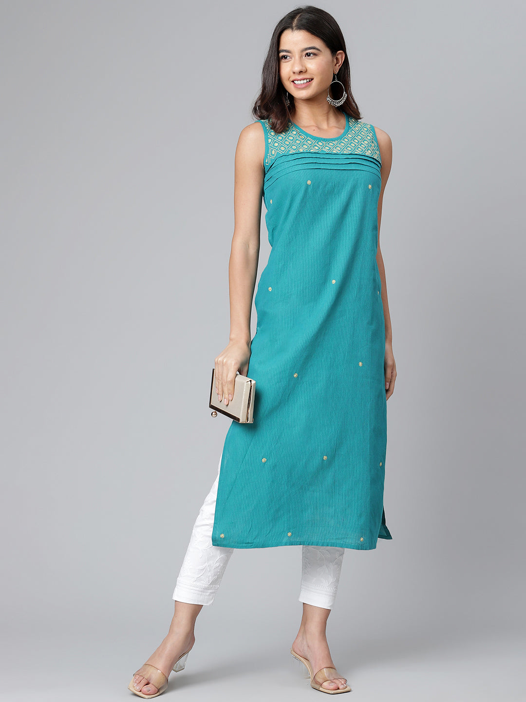 Teal Self-Striped Chikankari Kurta