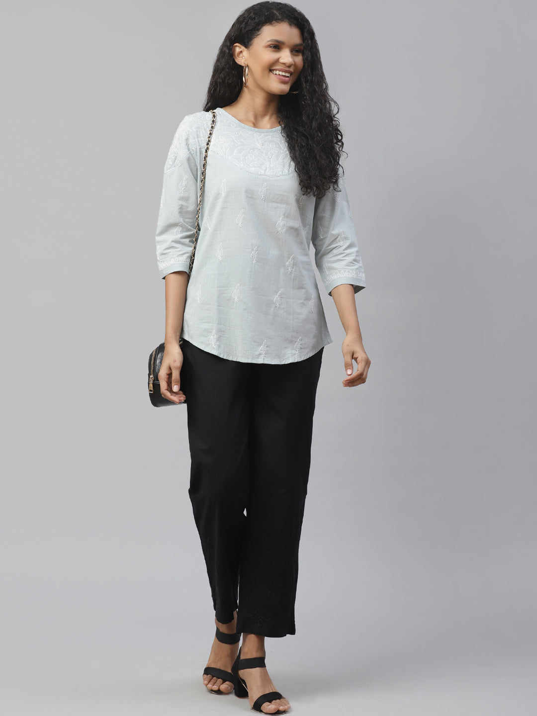 Grey Lace Yoke Embroidered Top