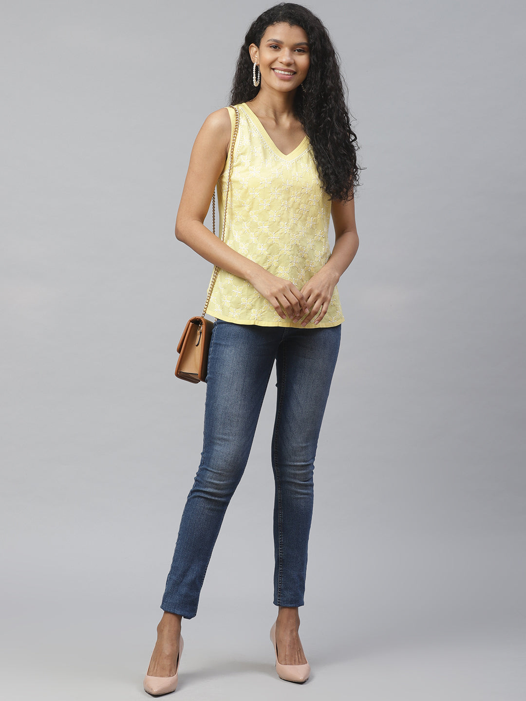 Yellow V-Neck Embroidered Top