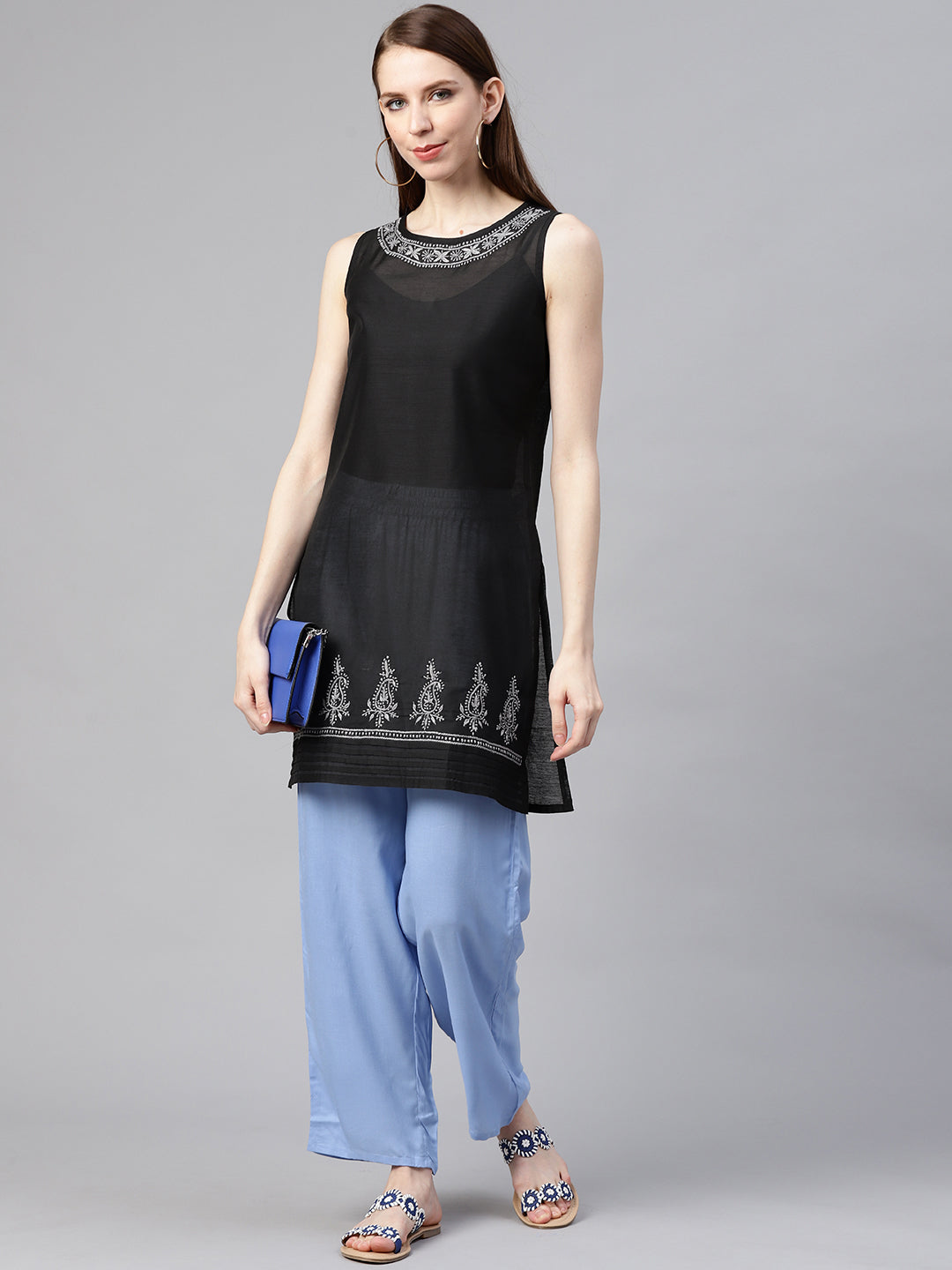 Black & Grey Embroidered Sheer Short Kurta