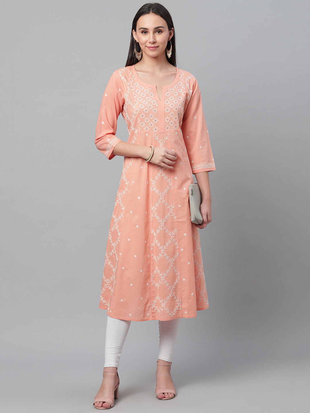 Peach Kalidaar Chikankari Kurta with Mukaish Work