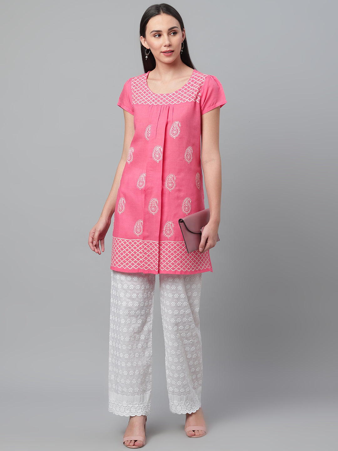 Pink Cotton Embroidered Short Kurta