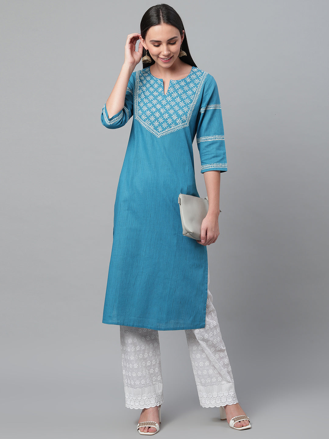 Blue Ikat Straight Chikankari Kurta