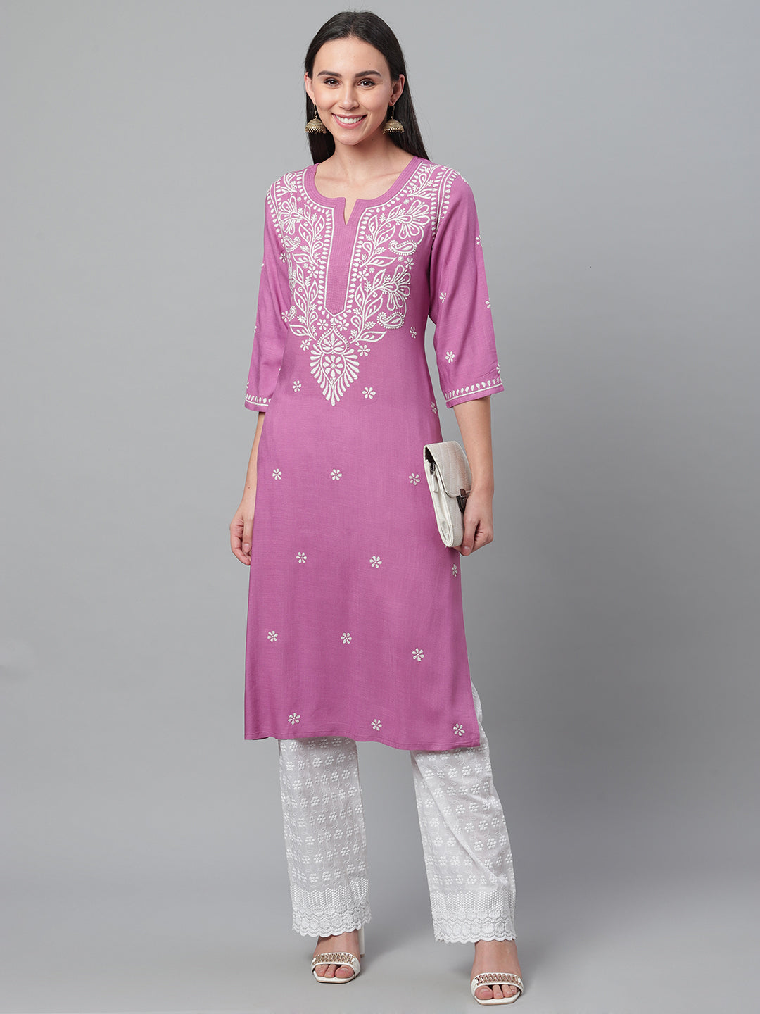 Purple Chikankari Rayon Straight Kurta