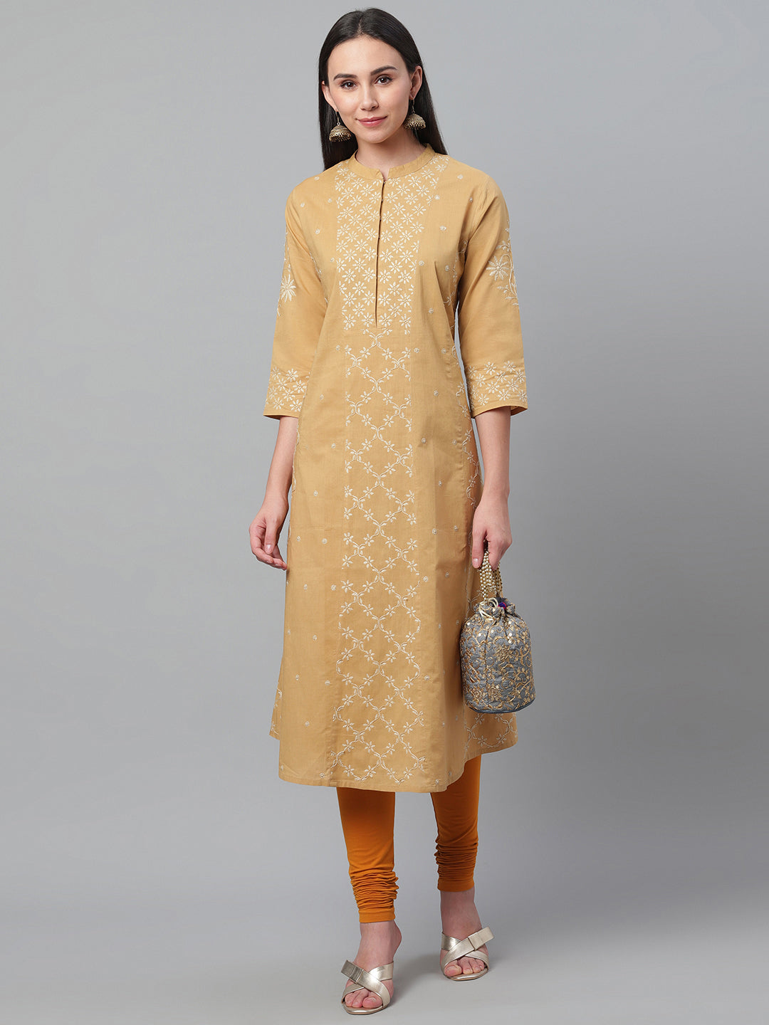 Beige and White A-Line Chikankari Kurta